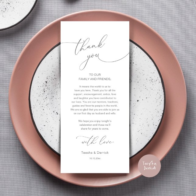Carte de remerciement pour la décoration de table  (Modern Romance Wedding Dinner, Lunch and Brunch Place Setting Thank You Card, in Dark Grey)