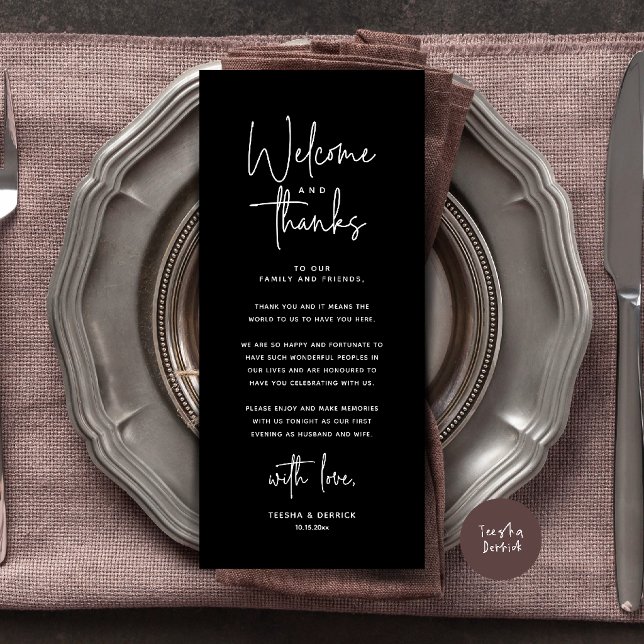 Carte de remerciement pour la disposition de table (Welcome and Thanks Modern Wedding Dinner Place Setting Thank You Card in Classy Black)