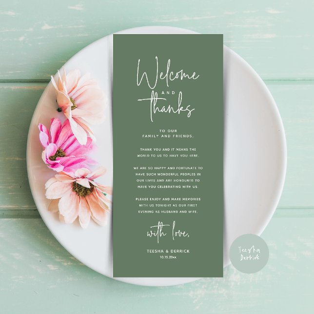 Carte de remerciement pour la disposition de table (Welcome and Thanks Modern Wedding Dinner Place Setting Thank You Card in Sage Green)