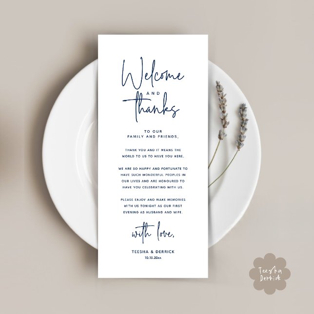 Carte de remerciement pour la disposition de table (Welcome and Thanks Modern Wedding Dinner Place Setting Thank You Card in Navy Blue)