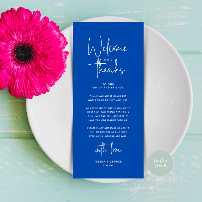 Carte de remerciement pour la disposition de table (Welcome and Thanks Modern Wedding Dinner Place Setting Thank You Card in Cobalt Blue)