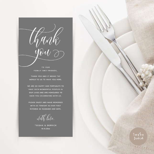 Carte de Remerciement pour la Réception de Mariage (Wedding Dinner Place Setting Thank You, Welcome and Thanks Card, in Classy Dark Grey)