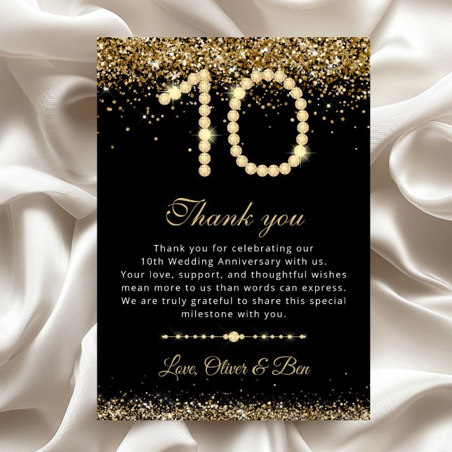 Carte de remerciement pour le 10ème anniversaire d (Gold Diamond 10th Anniversary wedding Thank you card)