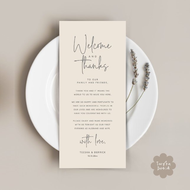 Carte de remerciement pour le couvert de table de  (Welcome and Thanks Modern Wedding Dinner Place Setting Thank You Card in Cream Grey)