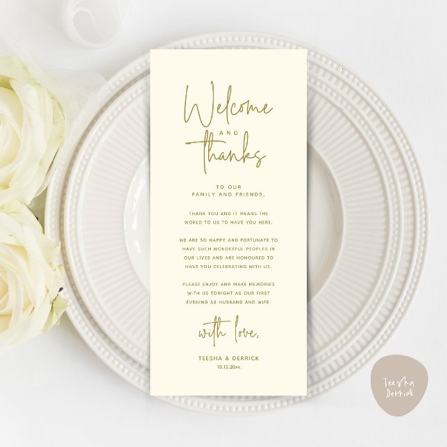 Carte de remerciement pour le couvert de table de  (Welcome and Thanks Modern Wedding Dinner Place Setting Thank You Card in Yellow Gold Cream)