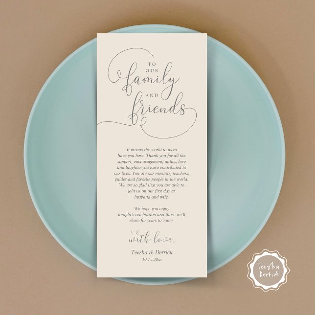 Carte de remerciement pour le dîner de mariage (To Our Family and Friends, Wedding Dinner Place Setting Thank You Card, Modern, Dark Grey Cream)