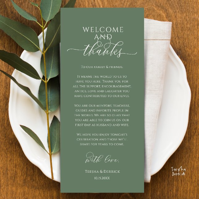 Carte de Remerciement pour le Dîner de Mariage Mod (Modern Wedding Dinner Place Setting Thank You Card in sage green)