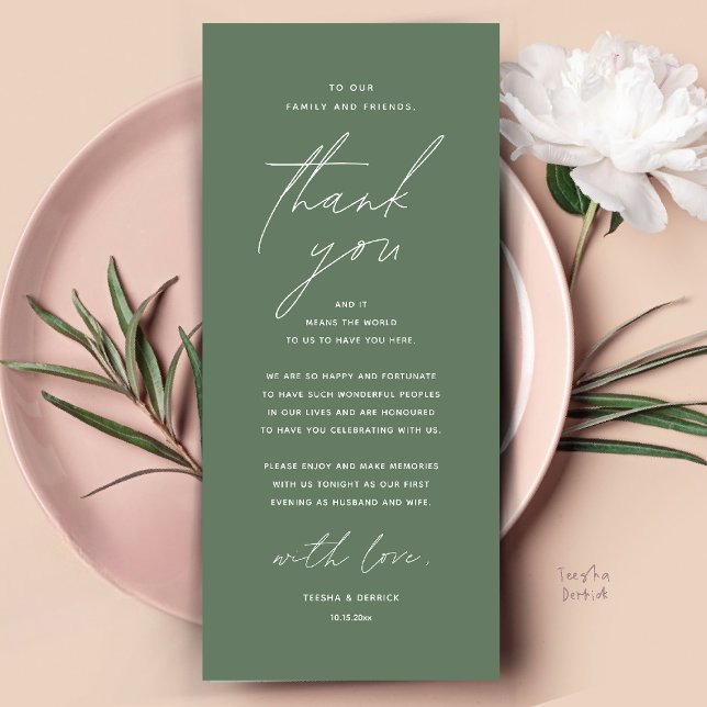 Carte de Remerciement pour le Dîner de Mariage Mod (Modern Wedding Dinner Place Setting Thank You Card Reception Brunch Lunch in sage green)