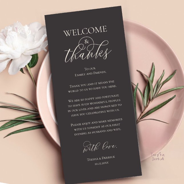 Carte de remerciement pour le dîner de réception d (Welcome and Thanks Reception Dinner Thank You Card in Charcoal Grey Cream)