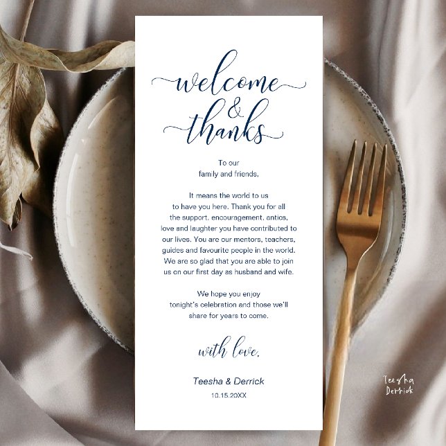 Carte de Remerciement pour le Plan de Table de Mar (Welcome and Thanks, Wedding Dinner Place Setting Thank You Card in Navy Blue)