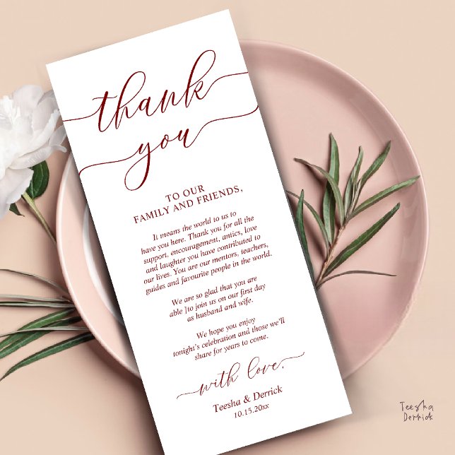 Carte de Remerciement pour le Repas de Mariage Cha (Rustic Wedding Dinner Place Setting Thank You Card Reception in Burgundy Wine Red)