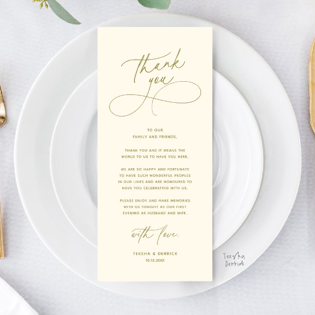 Carte de Remerciement pour un Dîner de Mariage Rom (Romantic Wed Dinner Place Setting Thank You Card in Gold Yellow Cream)