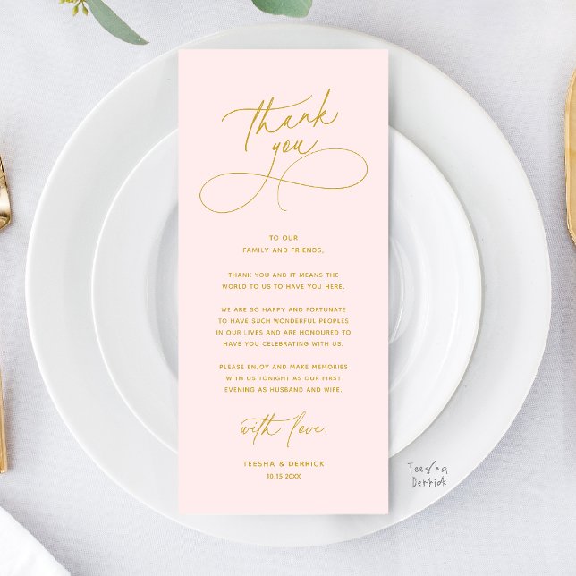 Carte de Remerciement pour un Dîner de Mariage Rom (Romantic Wed Dinner Place Setting Thank You Card in Gold Yellow Blush)