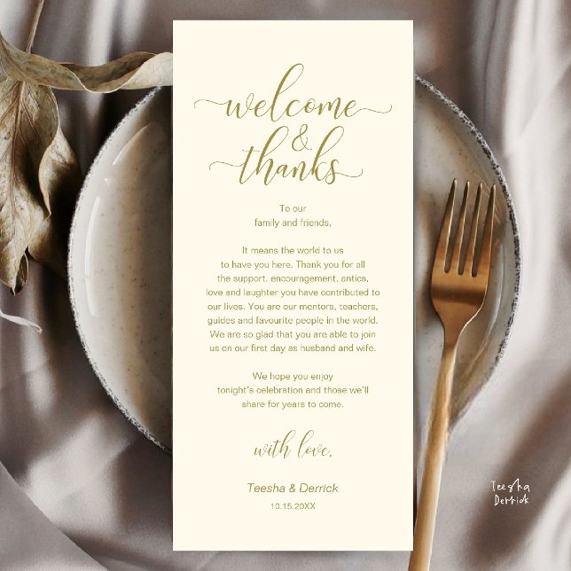 Carte de Remerciement pour un Service de Table de  (Welcome and Thanks, Wedding Dinner Place Setting Thank You Card in Yellow Gold Cream)