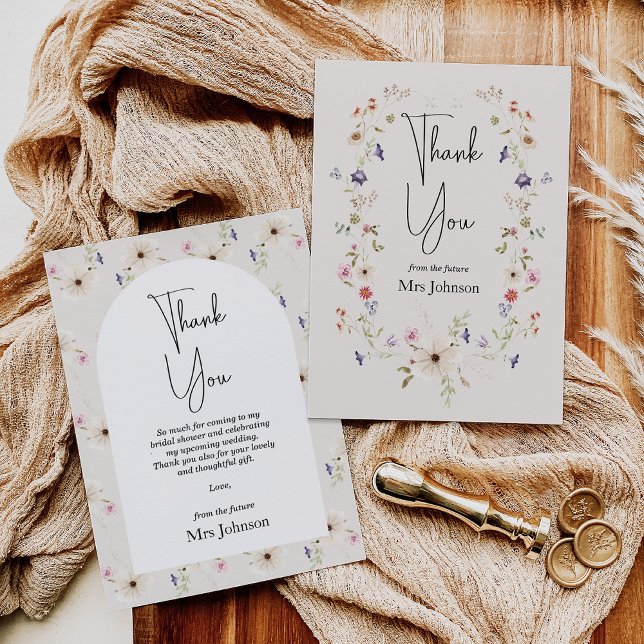 Carte de remerciement pour une fête de mariage cha (Wildflowers Bridal Shower Thank You Card, Future Mrs Bridal Shower Card, Beige, wildflowers Wreath)