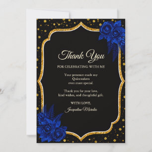 Carte de remerciement Quinceanera florale or et bl