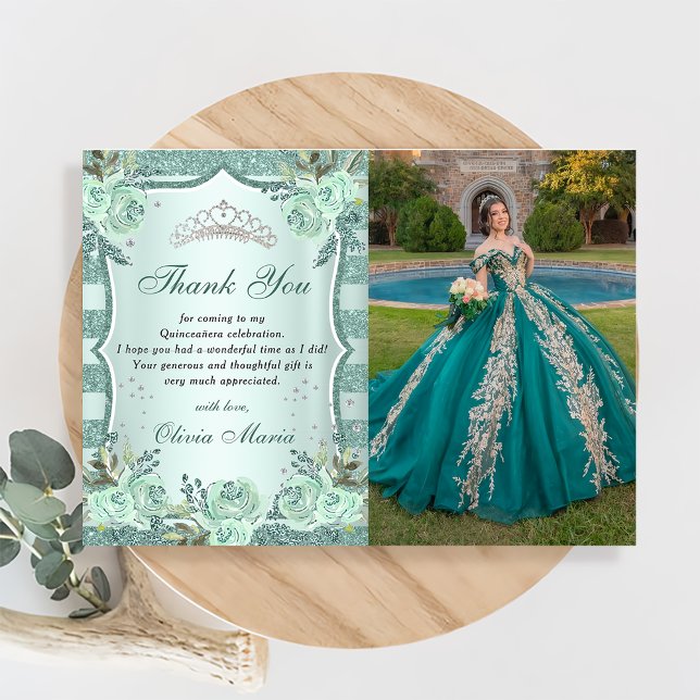 Carte de remerciement Quinceanera Vert Royal Argen (Créateur téléchargé)