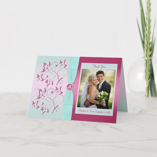 Carte de remerciement rose et aqua avec photo (Devant)