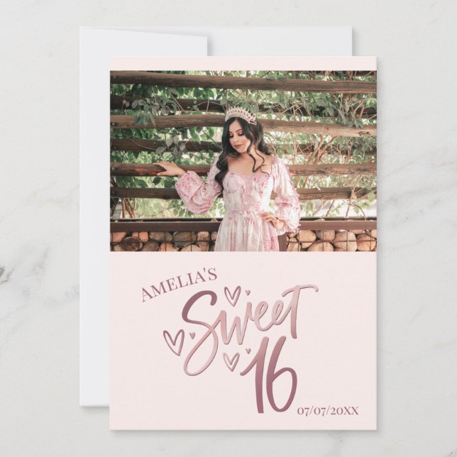 Carte de remerciement Sweet 16 modèle Rose Gold (Devant)