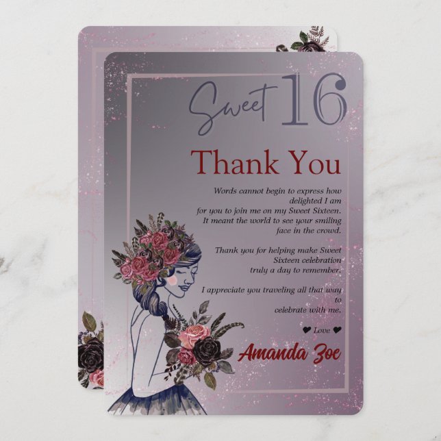 Carte de remerciement Sweet Sixteen (Devant / Derrière)