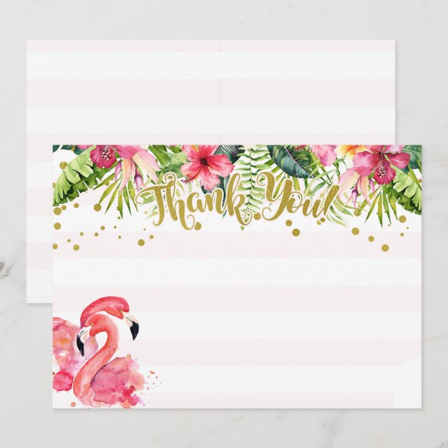 Carte de remerciement tropical flamant rose et or (Devant / Derrière)