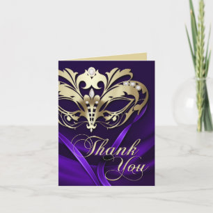 Carte de remerciement violet Mascarade dorée