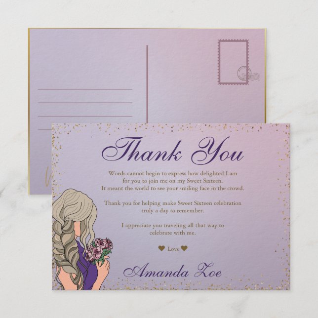 Carte de remerciement Violet Or Mis Quince (Devant / Derrière)