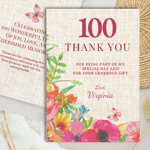 Carte De Remerciements 100e anniversaire Bold Floral Linen remerciement