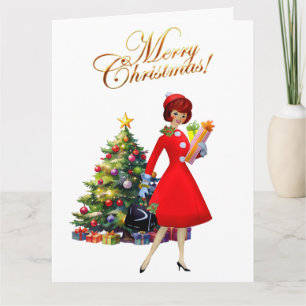 Carte De Remerciements 1950 Joyeux Noël Dame Vintage 