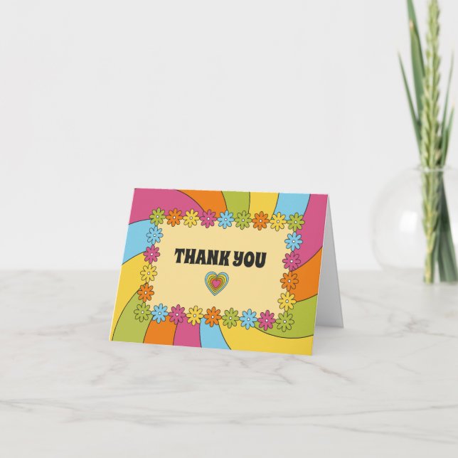 Carte De Remerciements 1960s Themed Flowers, Waves and Hearts (Devant)