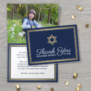 Carte De Remerciements 1 Photo Nom en hébreu Bar Mitzvah Navy Gold Script