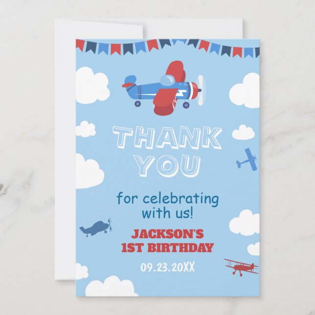 Carte De Remerciements 1er Anniversaire Avion Un an a soufflé Sky Cloud (Devant)