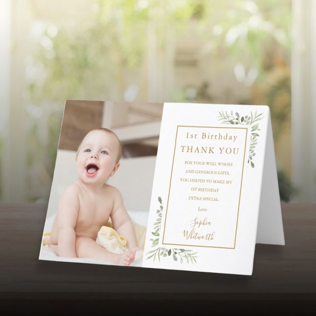 Carte De Remerciements 1er anniversaire Elegant Gold Green Photo (1st Birthday Elegant Gold Greenery Photo Thank You Card)