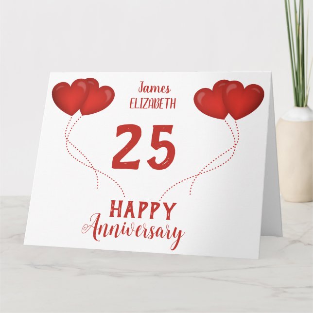 Carte De Remerciements 25e anniversaire du mariage ballons de coeur rouge (Devant)