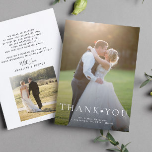 Carte De Remerciements 2 photos typographie moderne simple cœur mariage