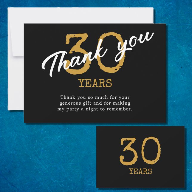 Carte De Remerciements 30e anniversaire Retro Noir et Or (30th Birthday Retro Black And Gold Thank You Card
)