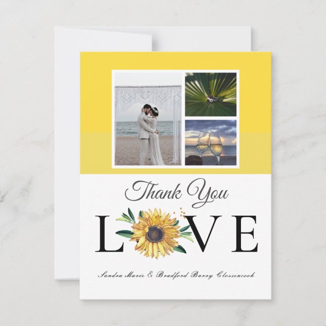 Carte De Remerciements 3 Collage photo Sunflower Grey Jaune Mariage (Devant)