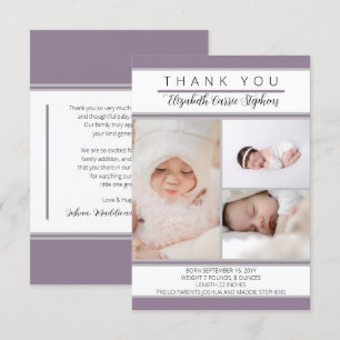 Carte De Remerciements 3 Photo Baby shower violet  Annonce de naissance