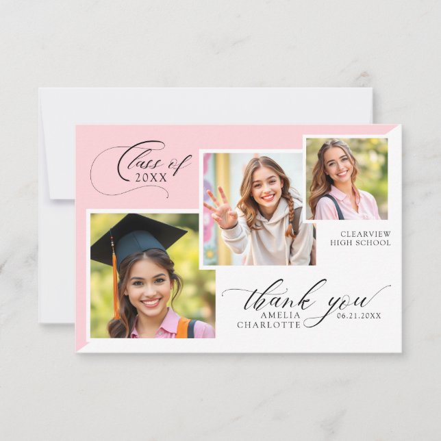 Carte De Remerciements 3 Photo Collage Girly Graduation (Devant)