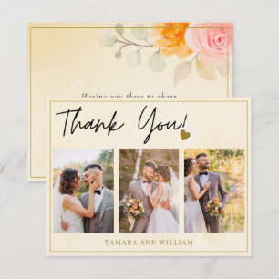 Carte De Remerciements 3 Photo Collage or Aquarelle Mariage floral