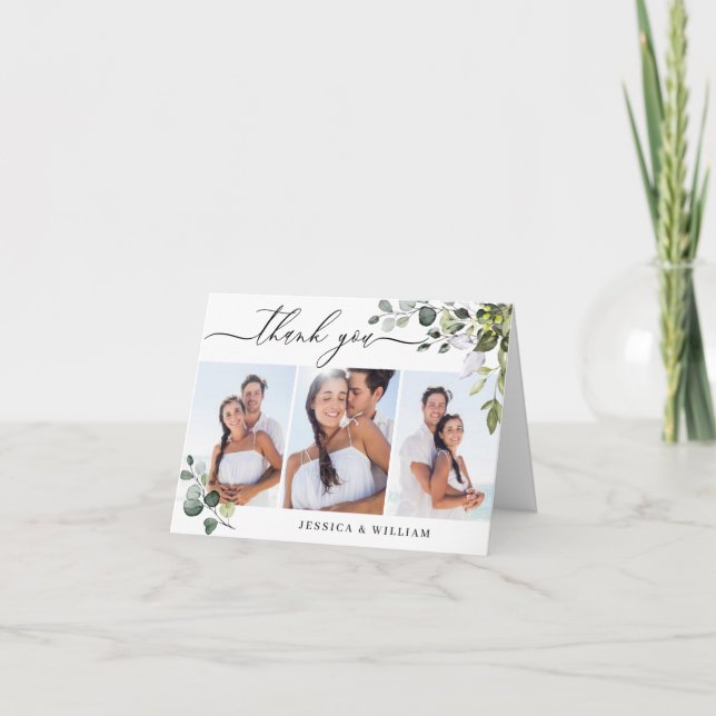 Carte De Remerciements 3 PHOTO Elégant Eucalyptus Mariage de verdure (Devant)