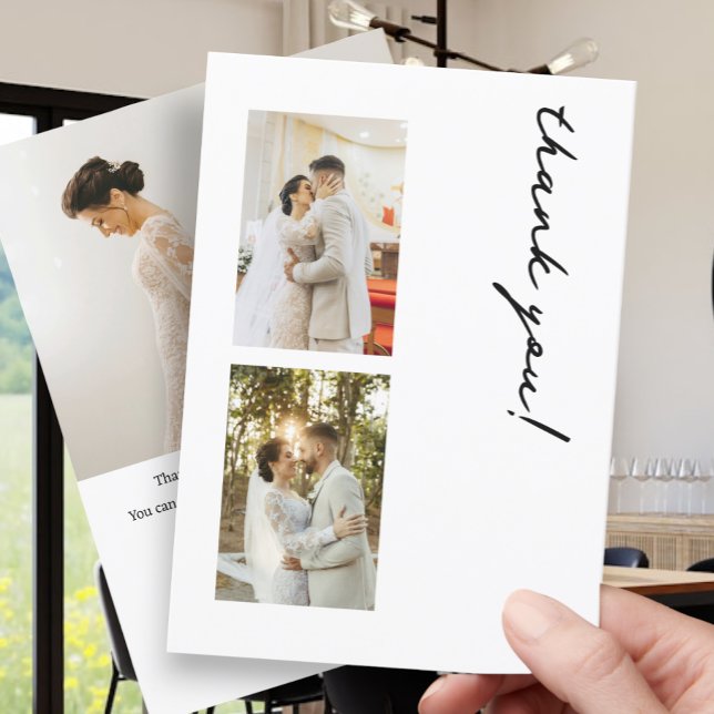 Carte De Remerciements 3 Photographies Mariage personnalisé (3 Photographs Personalized Wedding Thank You Cards from Ricaso. Black & white Modern typography)