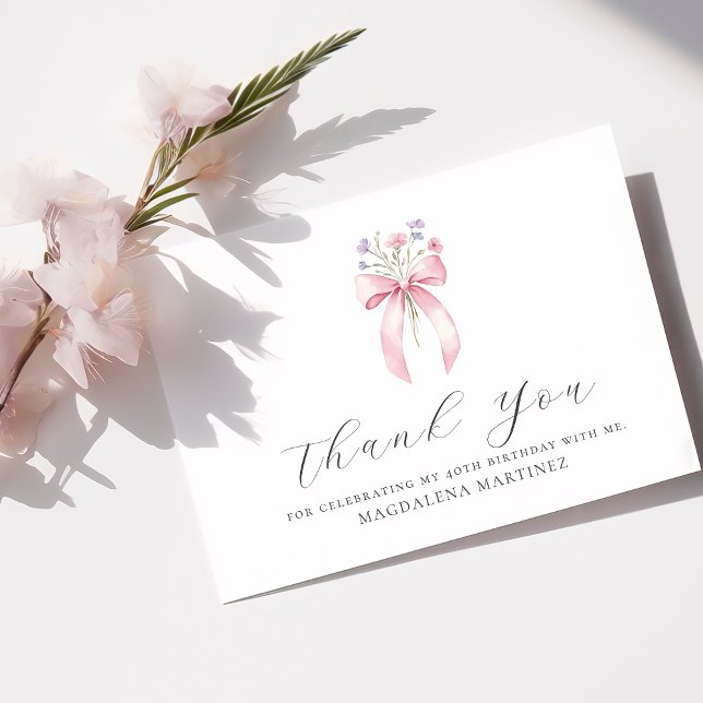 Carte De Remerciements 40e anniversaire Pink Bow Fleur sauvage plat perso (Créateur téléchargé)