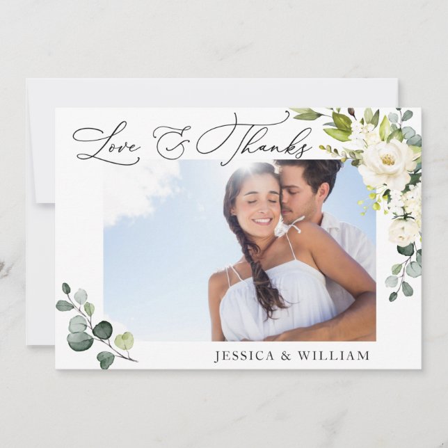 Carte De Remerciements 4 PHOTO Elegant Eucalyptus White Roses Floral (Devant)