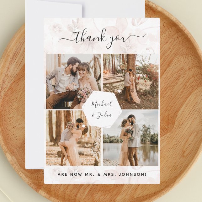 Carte De Remerciements 4 photos Collage Fleurs roses Mariage Remerciement (Créateur téléchargé)