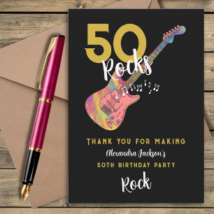 Carte De Remerciements 50 Rocks Rose Black Gold 50e fête d'anniversaire