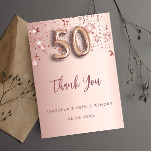 Carte De Remerciements 50e anniversaire rose étoiles rose or