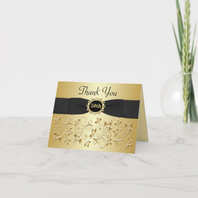 Carte De Remerciements 50e Anniversary Black Gold Floral Thank (Devant)