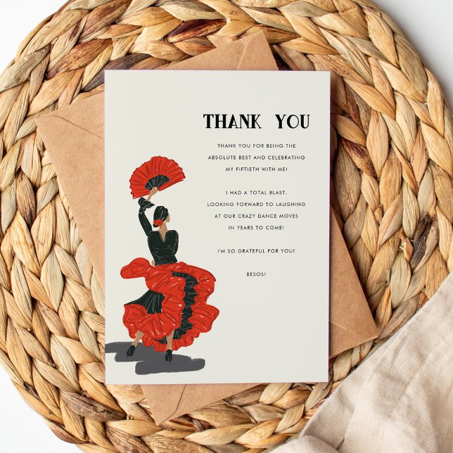 Carte De Remerciements 50e Flamenco Dancer Anniversaire (Red and black flamenco dancer illustration Thank You flat card.)