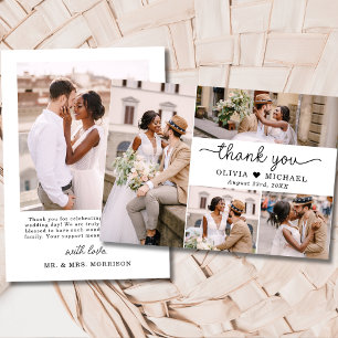 Carte De Remerciements 5 Photo Collage Élégant Mariage de script